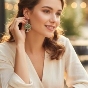 Eye Candy Silver and Green Gemstone Tree Of Life Oak Tree Earrings